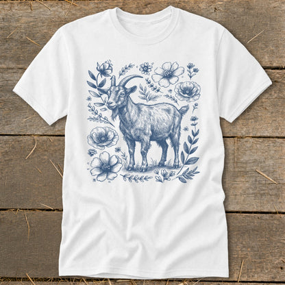 White t-shirt with a blue sketch of a goat surrounded by flowers and leaves.
