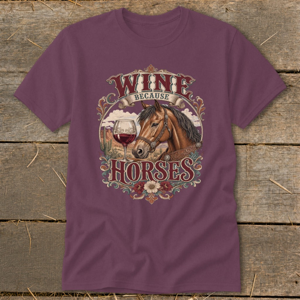 Wine because horses graphic with horse head, wine glass, and desert landscape.