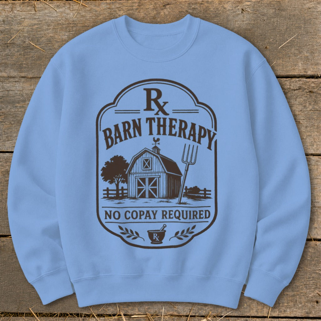 Light blue sweatshirt with "Barn Therapy No Copay Required" graphic.