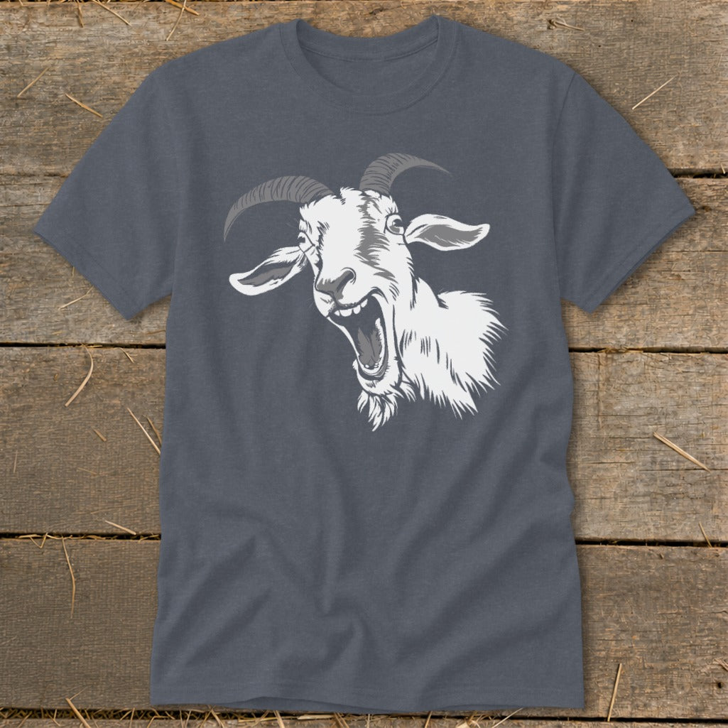 Graphic tee with a laughing white goat illustration on a dark gray background.