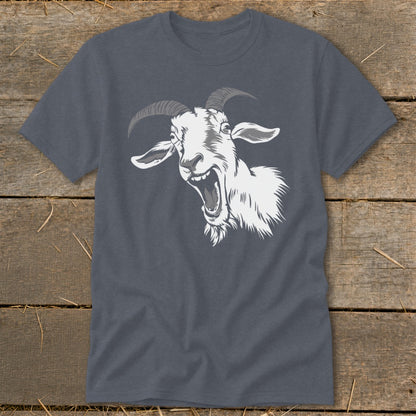 Graphic tee with a laughing white goat illustration on a dark gray background.