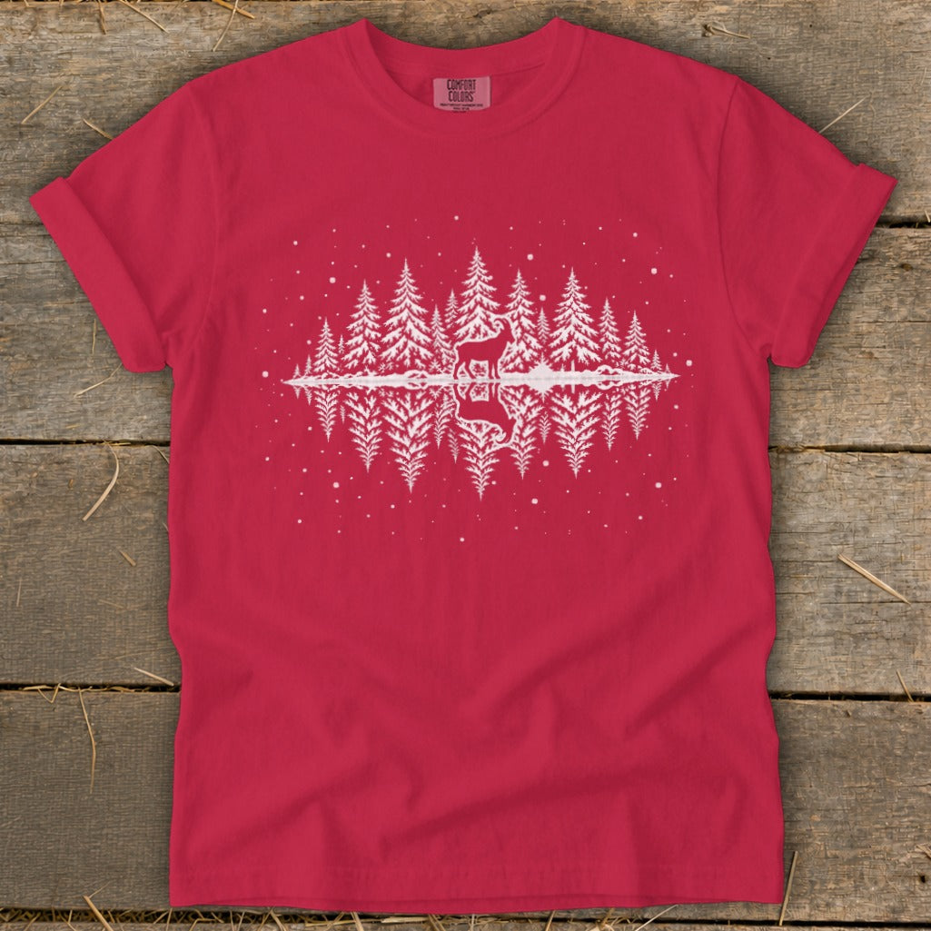 Red t-shirt with white graphic of deer, trees, and reflections.