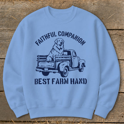 Light blue sweatshirt with dog in truck graphic and "Faithful Companion Best Farm Hand" text.