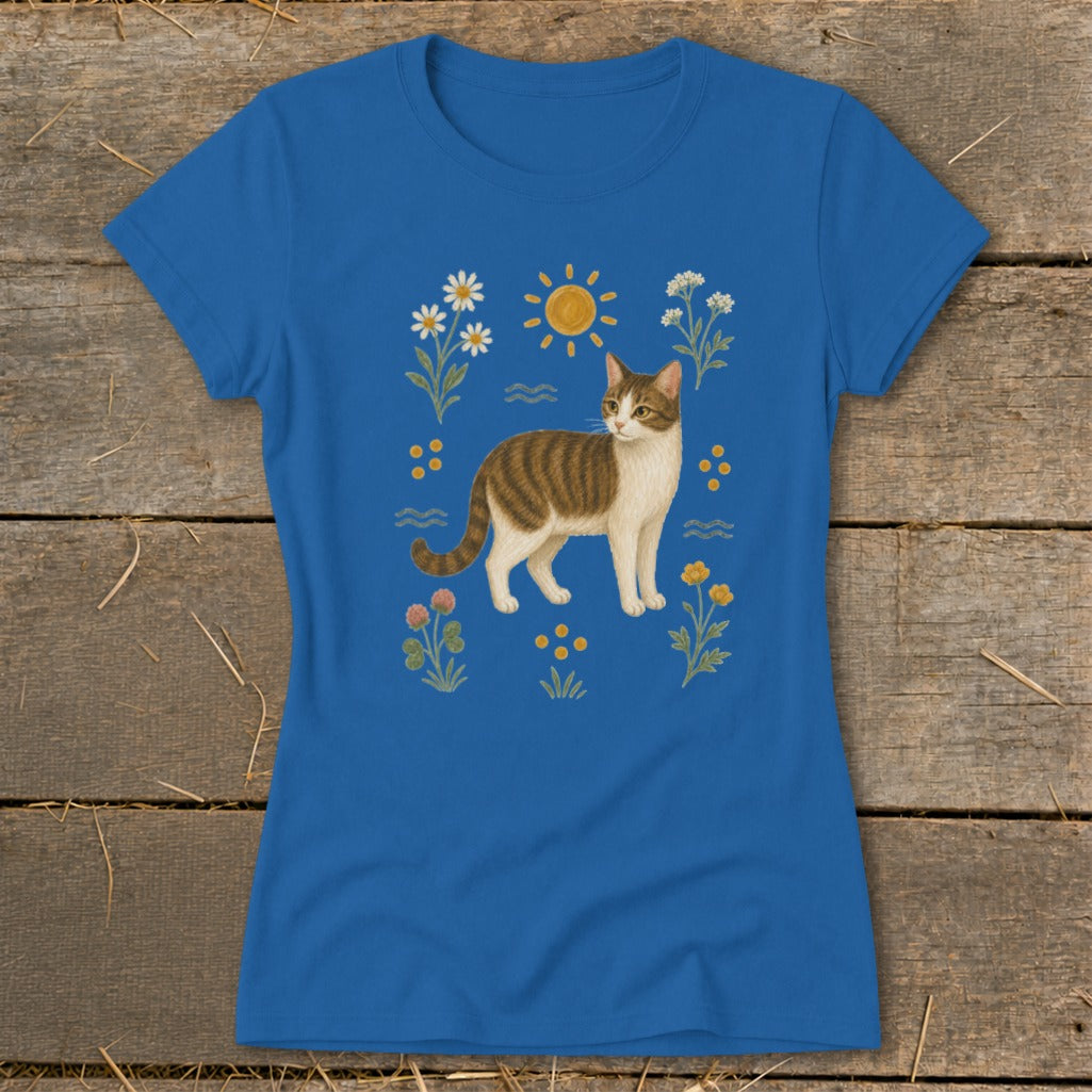 Blue t-shirt with a tabby cat and floral print, including a sun.