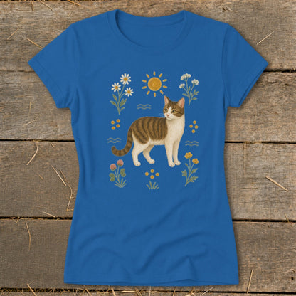 Blue t-shirt with a tabby cat and floral print, including a sun.