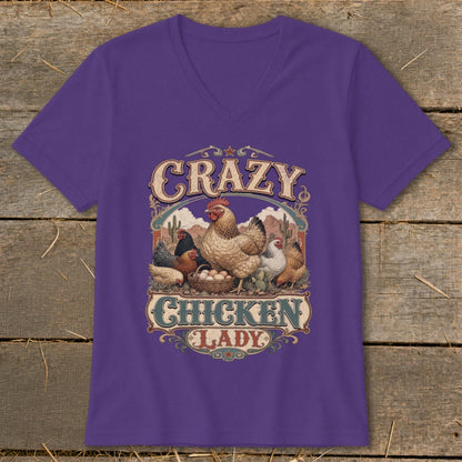 Purple v-neck shirt with "Crazy Chicken Lady" text and chickens.