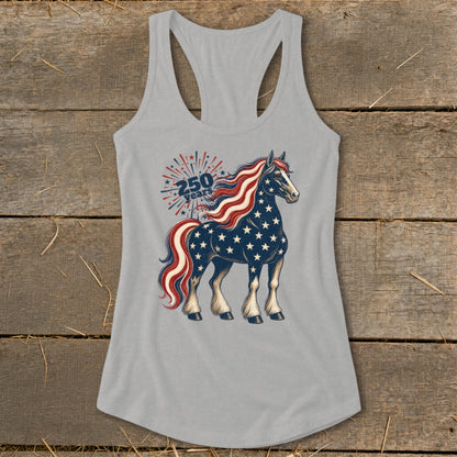 Gray tank top with a patriotic horse graphic and "250 Years" text.