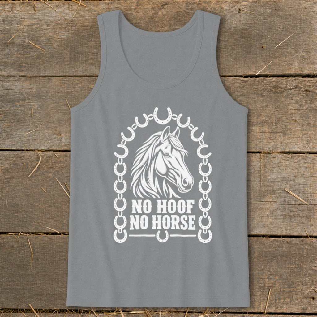 Grey tank top with white horse head, horseshoe border, and "NO HOOF NO HORSE" text.