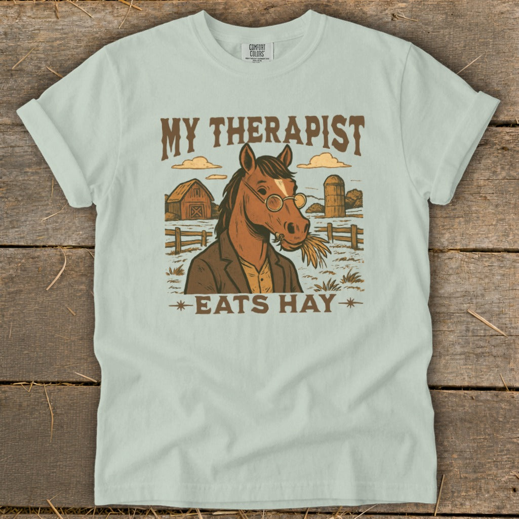 Horse wearing glasses and suit with text "MY THERAPIST EATS HAY"