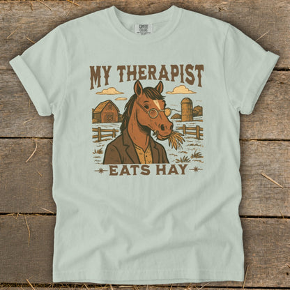 Horse wearing glasses and suit with text "MY THERAPIST EATS HAY"