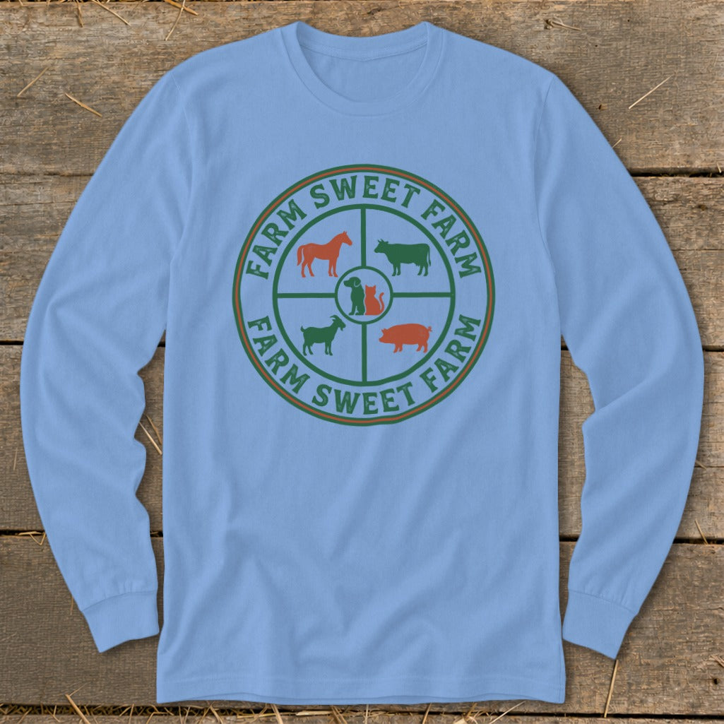 Light blue long-sleeve shirt with a circular farm animal logo and "Farm Sweet Farm" text.