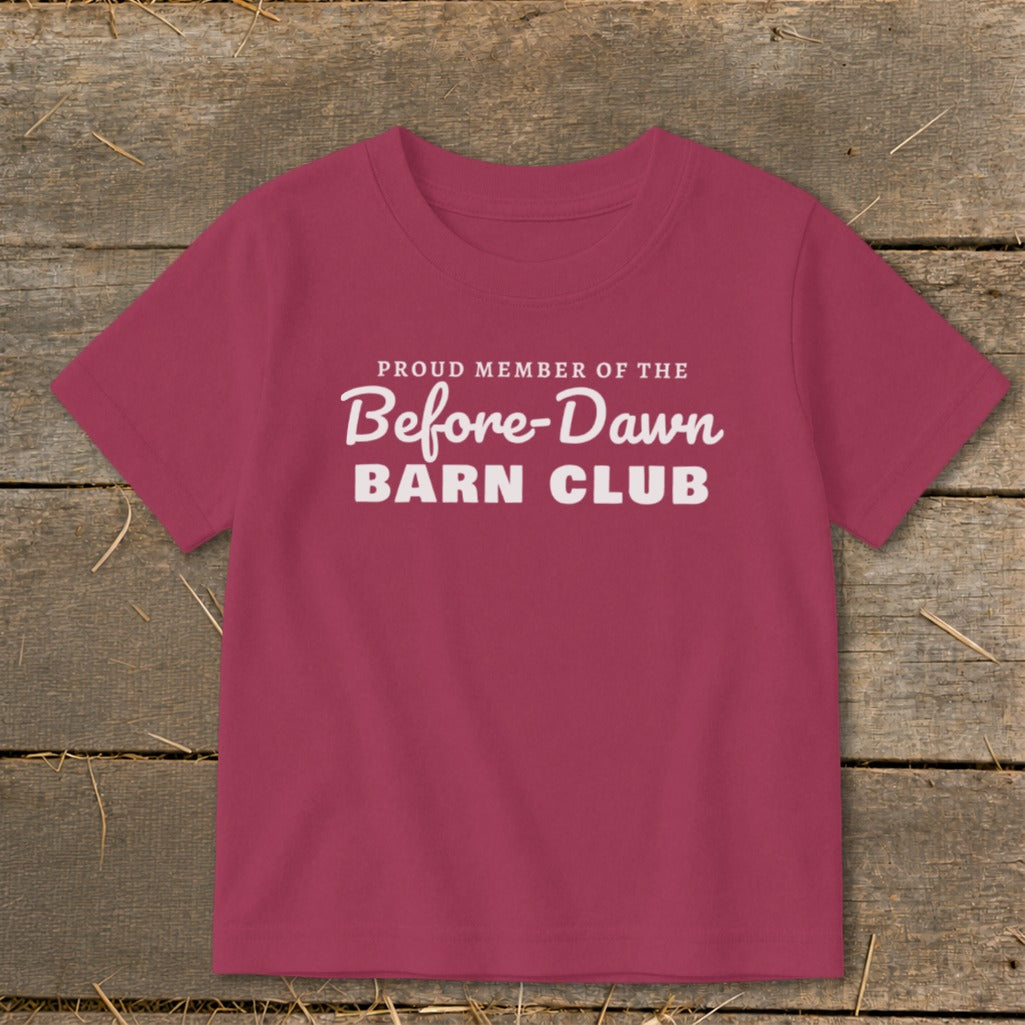 Kids' magenta t-shirt with "Proud Member of the Before-Dawn Barn Club" text.