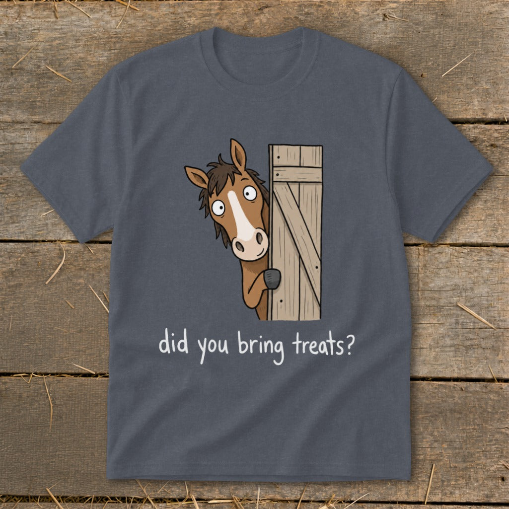 Cartoon horse peeking from a wooden door asking "did you bring treats?".