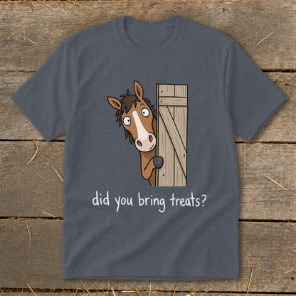 Cartoon horse peeking from a wooden door asking "did you bring treats?".