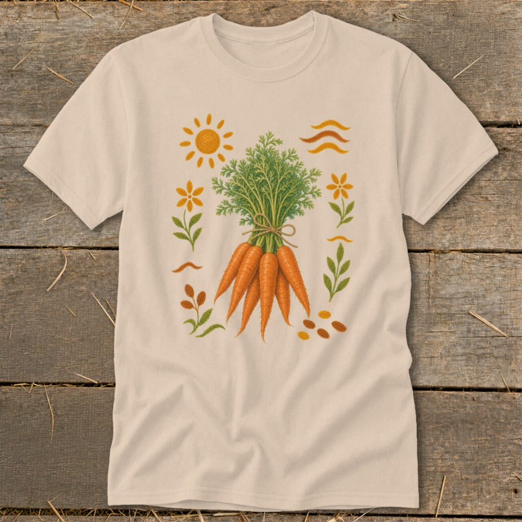 Cream t-shirt with a bunch of carrots and whimsical garden elements.