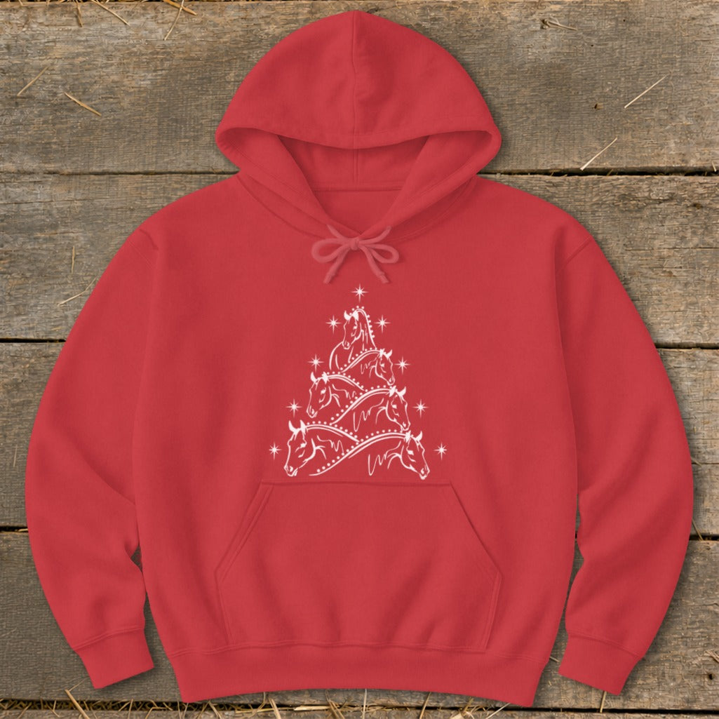 Red hoodie with a white Christmas tree made of horses and stars.