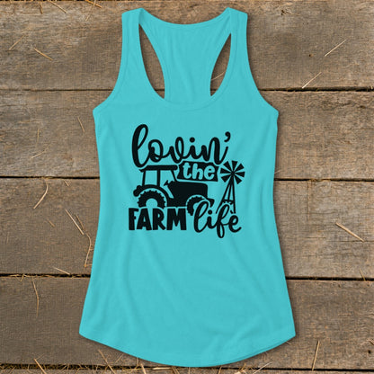 Teal tank top with black graphic text and farm imagery.