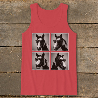 Tank top with four black and white images of a pinto horse wearing sunglasses.