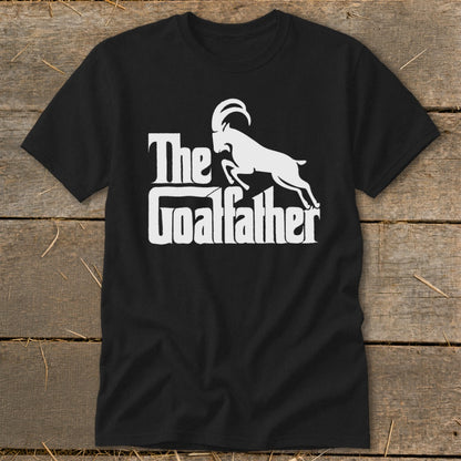 Black t-shirt with white "The Goatfather" text and a goat silhouette.