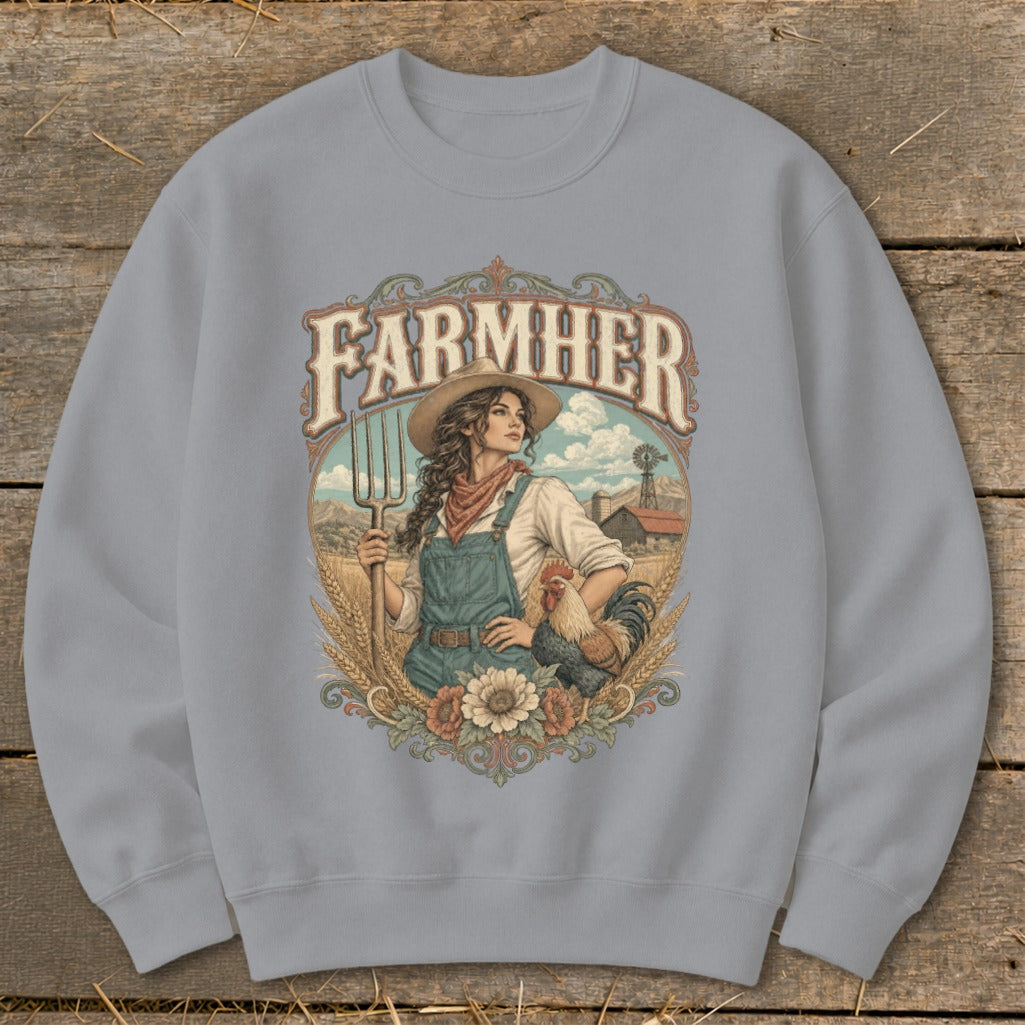 Farmher text graphic with farmer, pitchfork, rooster, and farm scene.