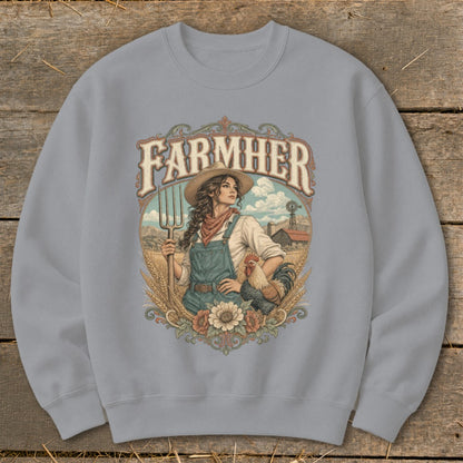 Farmher text graphic with farmer, pitchfork, rooster, and farm scene.
