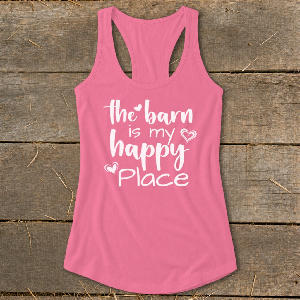 Pink tank top with white text: "the barn is my happy Place".