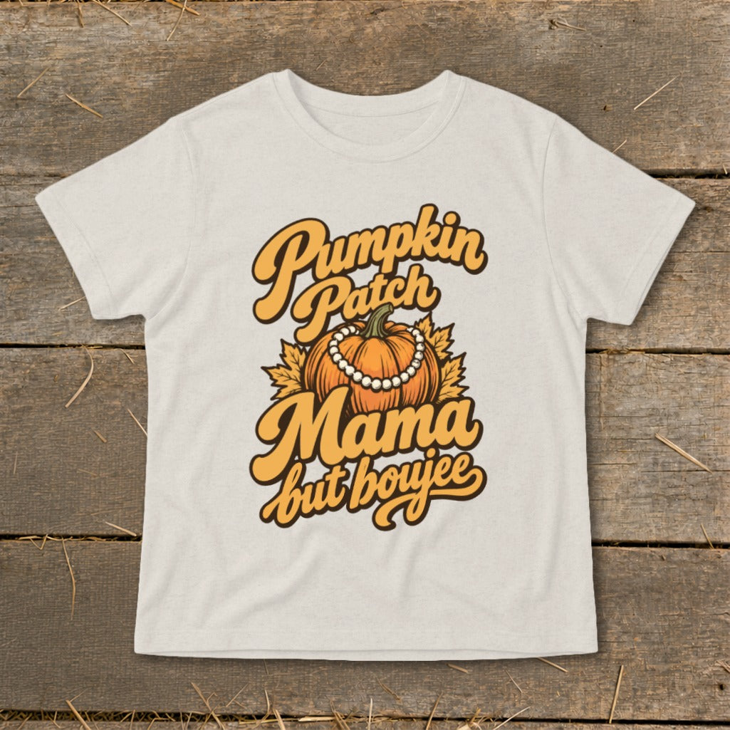 Pumpkin Patch Mama but boujee text with pumpkin and pearls graphic on a shirt.