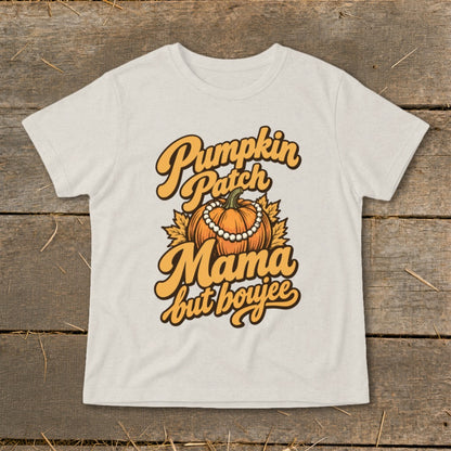 Pumpkin Patch Mama but boujee text with pumpkin and pearls graphic on a shirt.