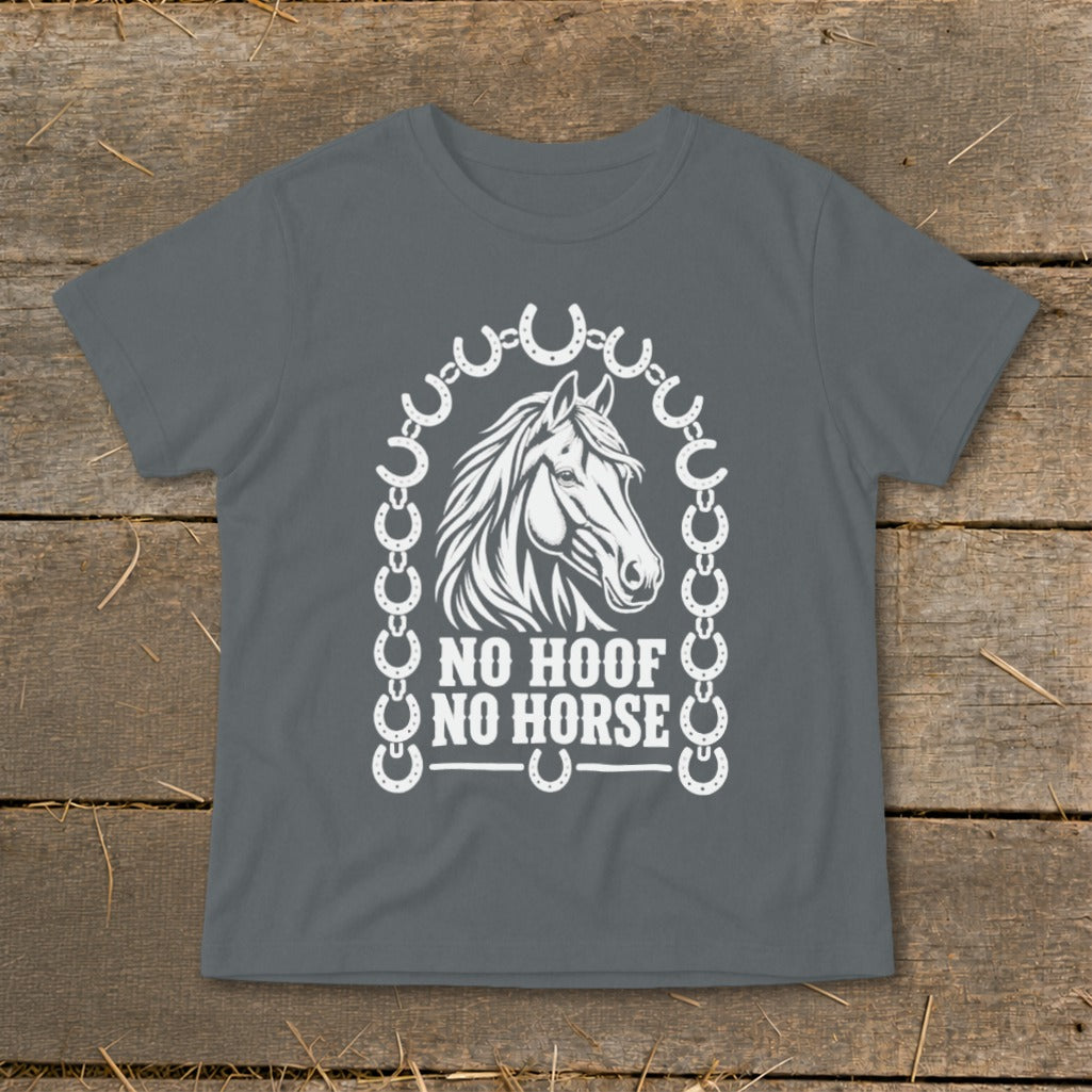 Dark grey t-shirt with white horse head graphic and "NO HOOF NO HORSE" text.