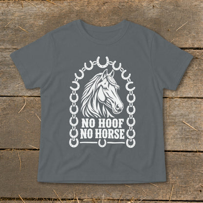 Dark grey t-shirt with white horse head graphic and "NO HOOF NO HORSE" text.