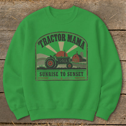 Green sweatshirt with "Tractor Mama Sunrise to Sunset" farm graphic.