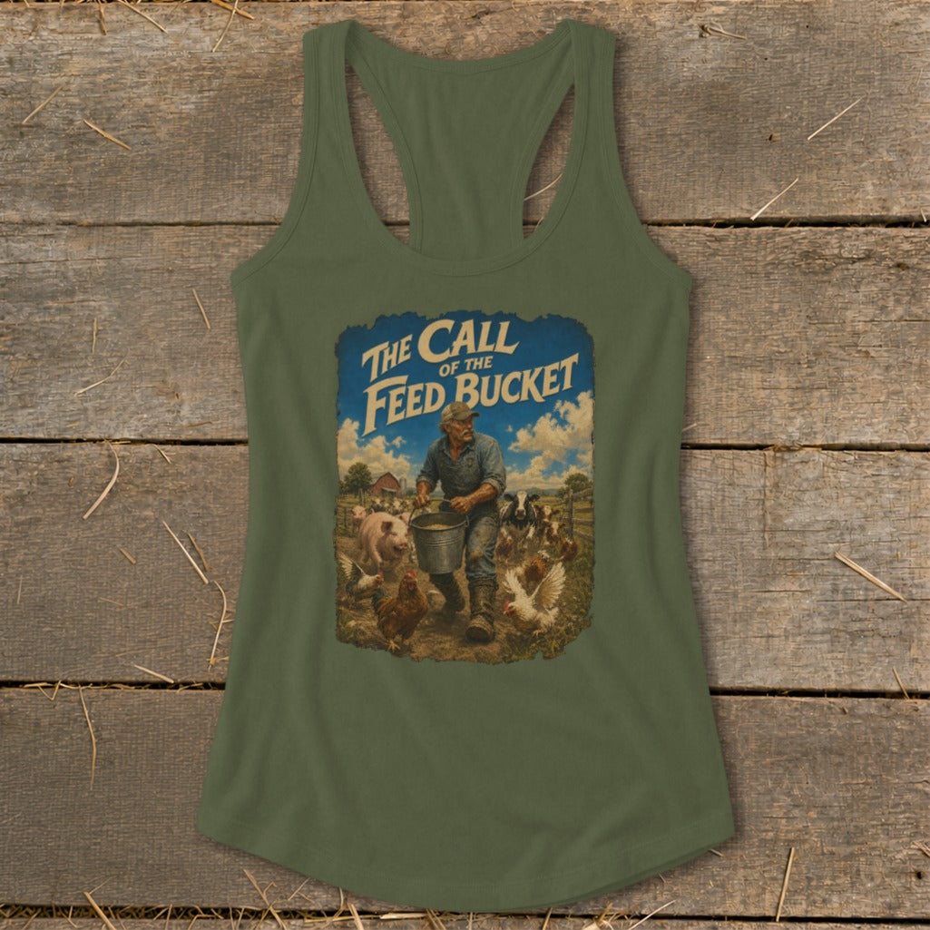 Green tank top with "The Call of the Feed Bucket" graphic featuring a farmer feeding animals.