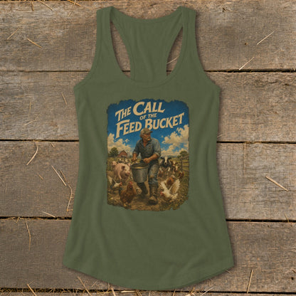Green tank top with "The Call of the Feed Bucket" graphic featuring a farmer feeding animals.