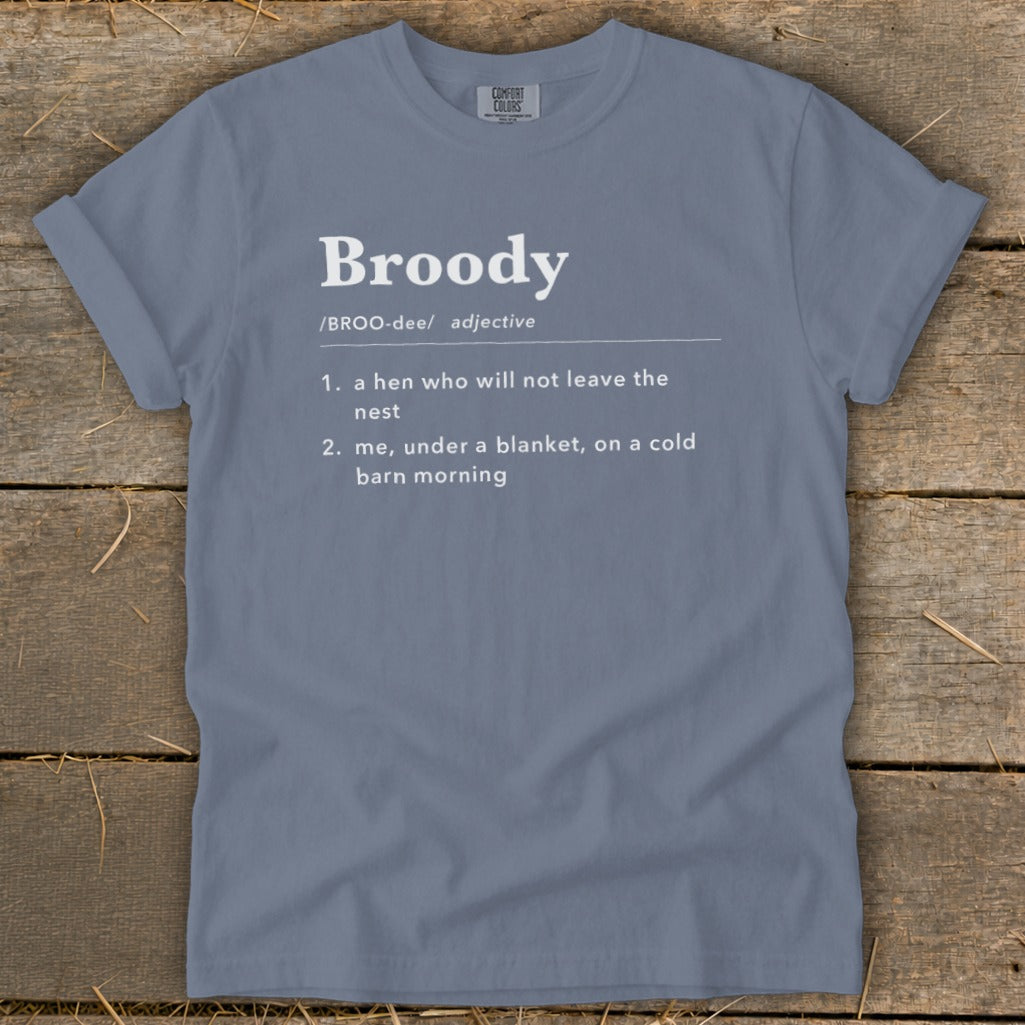 Blue t-shirt with "Broody" definition printed in white text.