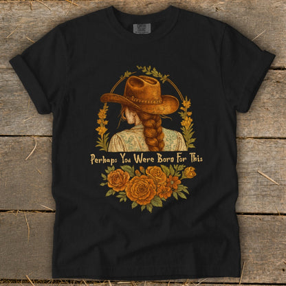Black t-shirt with cowboy hat, braided hair, and floral design with text.
