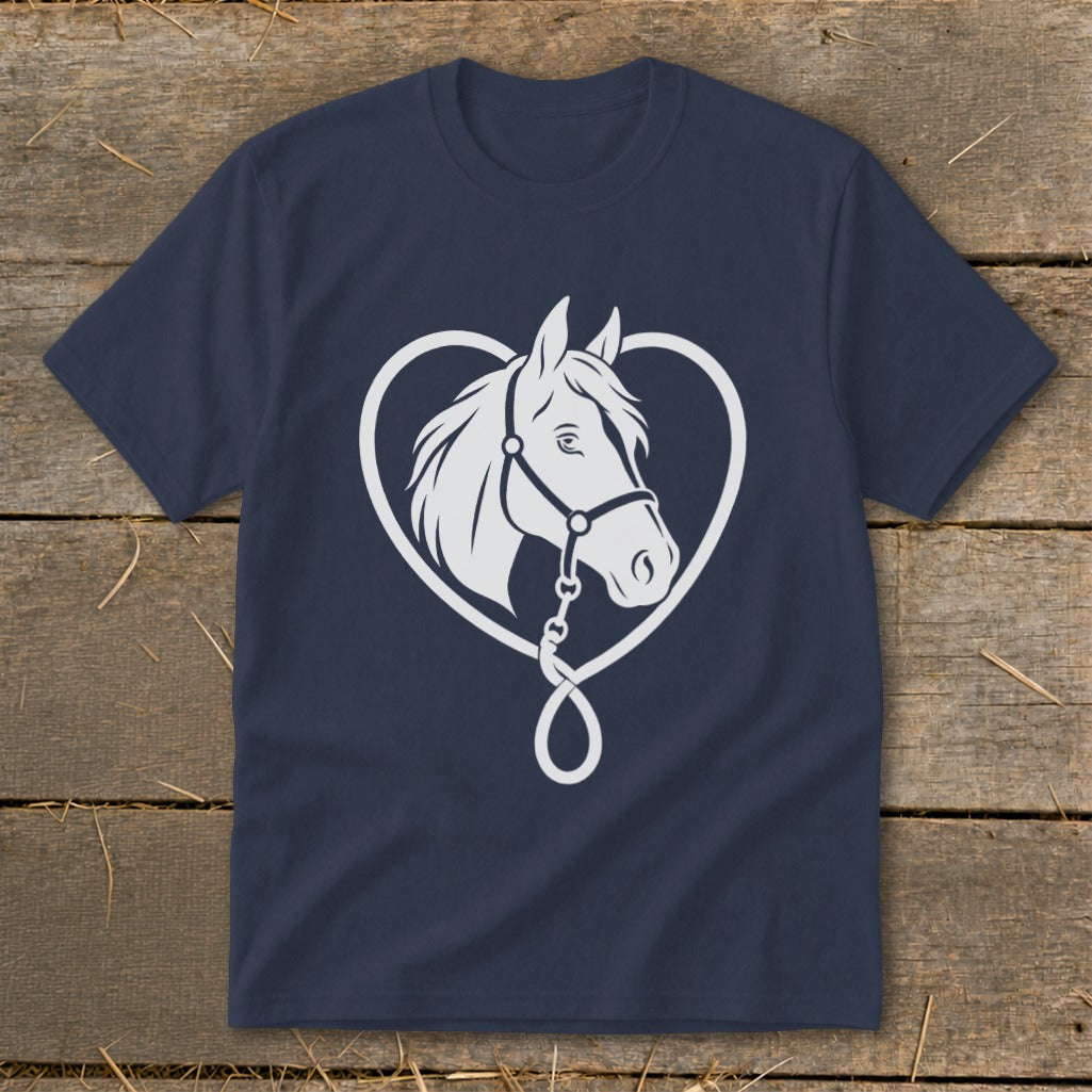 A dark blue t-shirt with a white graphic of a horse head inside a heart.