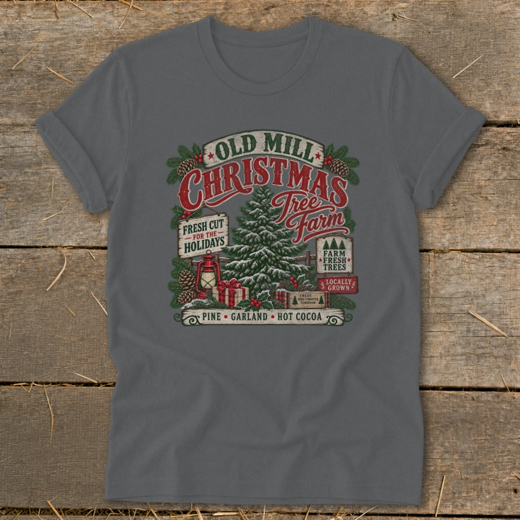 Old Mill Christmas Tree Farm design with pine, garland, and hot cocoa.