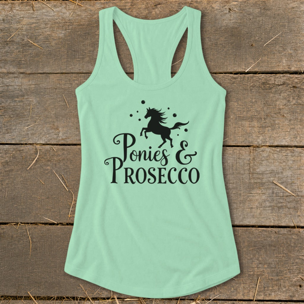 Light green tank top with black "Ponies & Prosecco" graphic and horse silhouette.