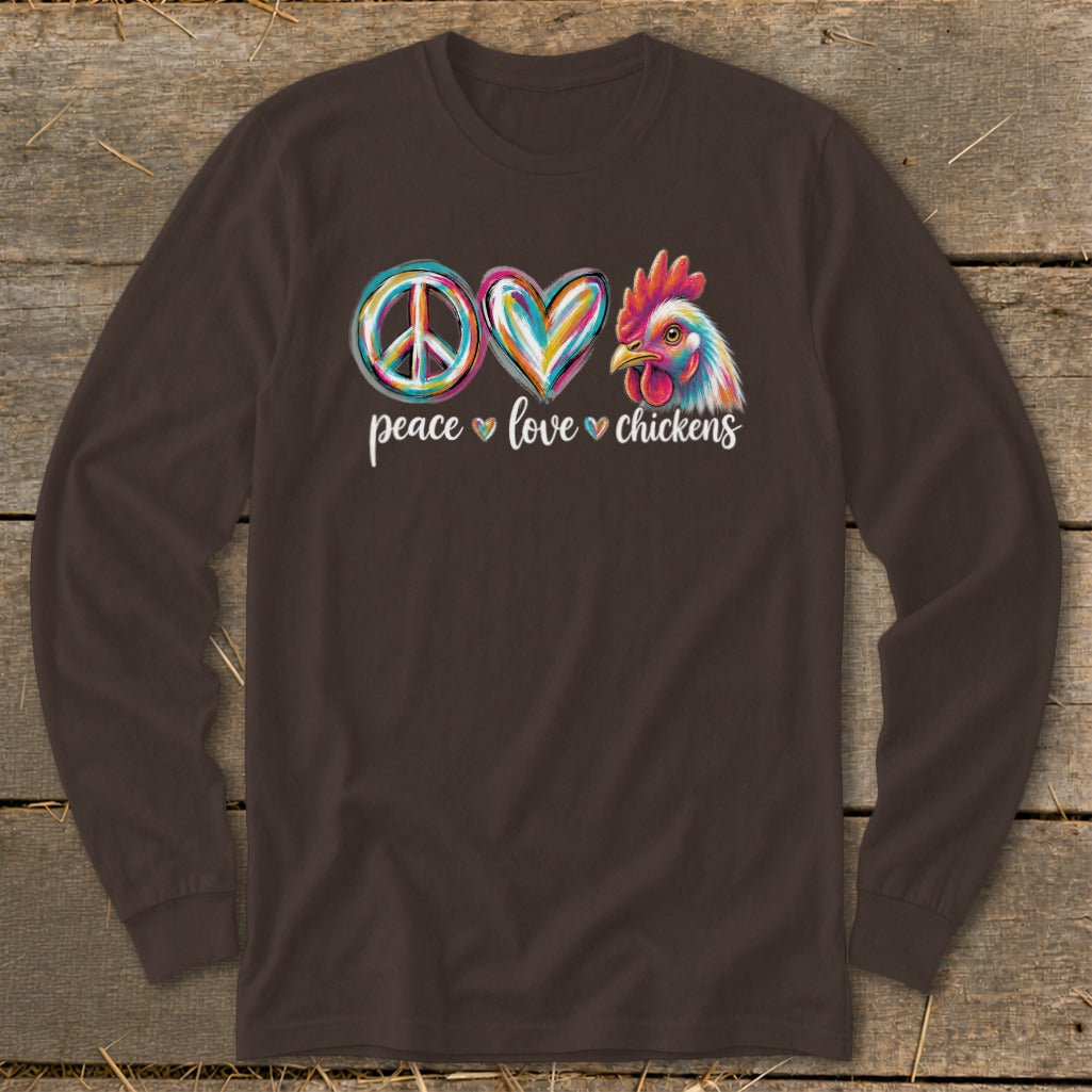Brown long sleeve shirt with peace, heart, and chicken graphic and text.