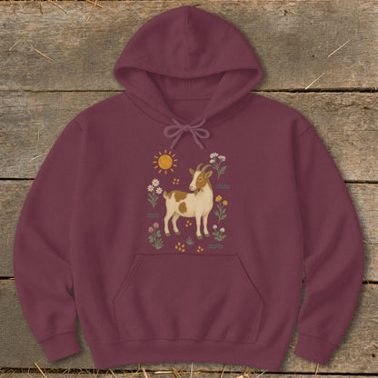 Burgundy hoodie with a brown and white goat, sun, and wildflowers graphic.