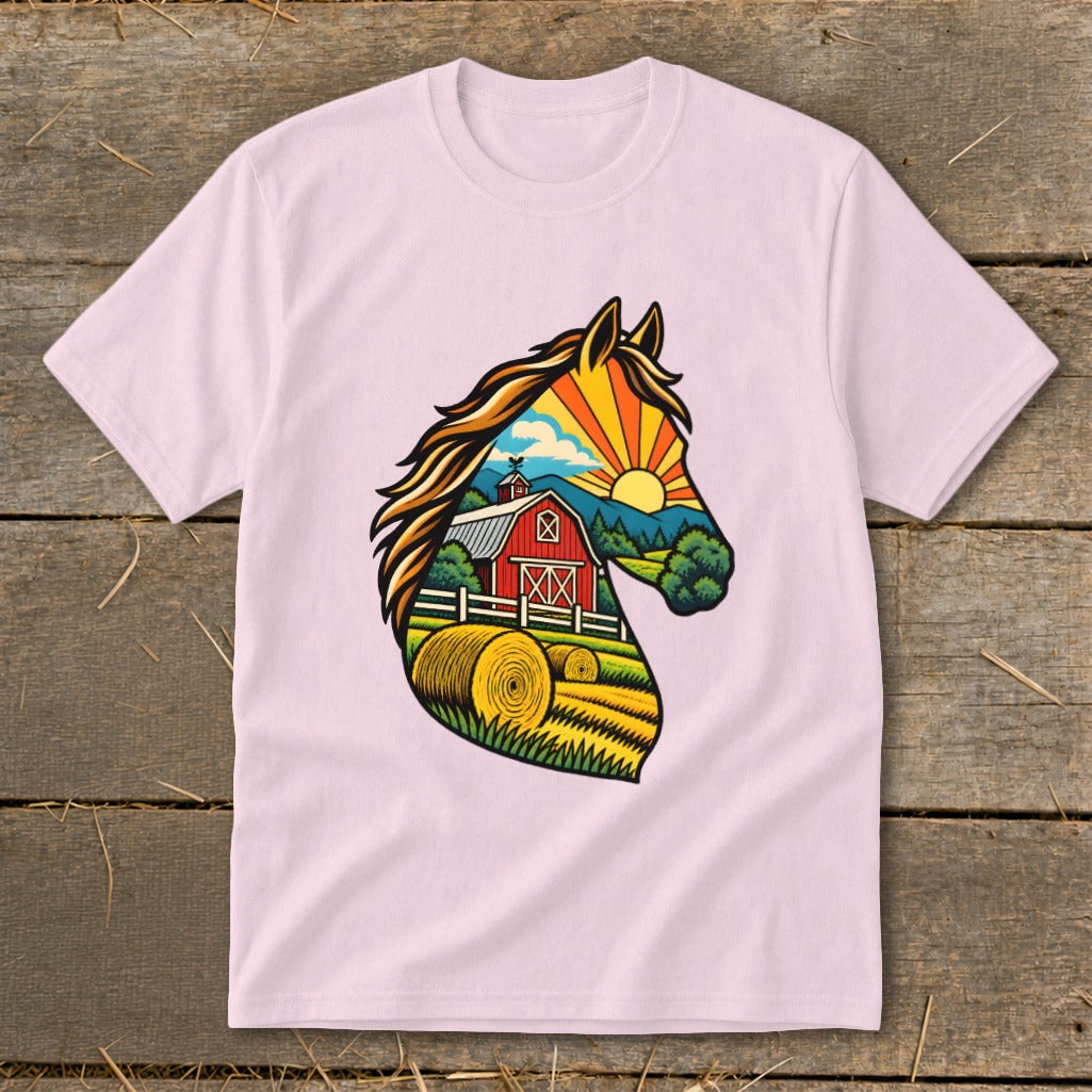 Light pink t-shirt featuring a graphic print of a horse head filled with a farm scene.