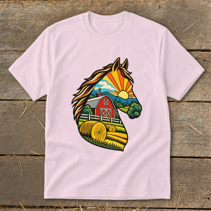 Light pink t-shirt featuring a graphic print of a horse head filled with a farm scene.
