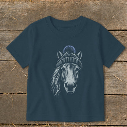 Dark blue t-shirt with a sketch of a horse wearing a beanie.