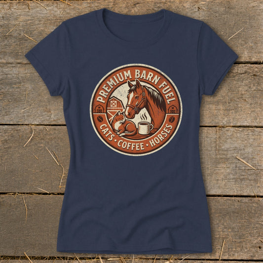 Navy t-shirt with circular graphic of horse, cat, coffee cup, and barn, reading "Premium Barn Fuel Cats Coffee Horses".