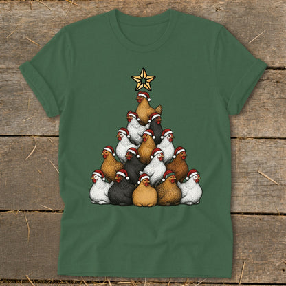 Green t-shirt with a Christmas tree made of chickens wearing Santa hats.