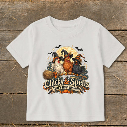 Three chickens in witch hats ride a broomstick under the moon.