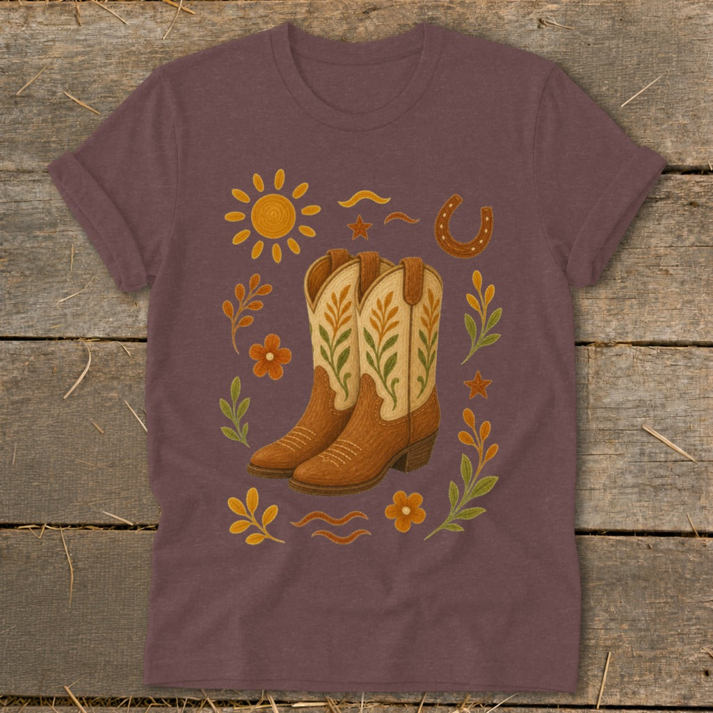 T-shirt with a cowboy boot design, sun, horseshoe, and floral elements.
