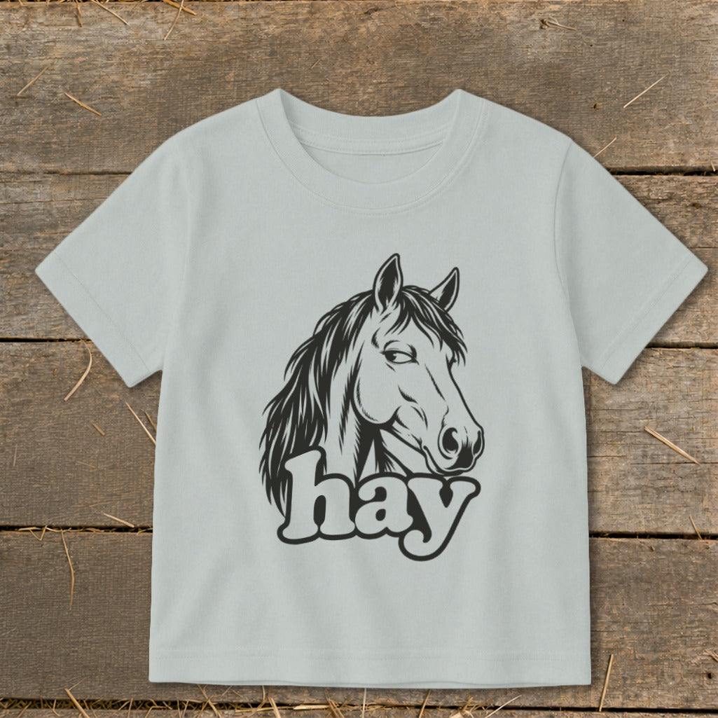 Light grey t-shirt with a black graphic of a horse's head and the word "hay".