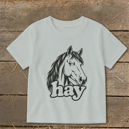 Light grey t-shirt with a black graphic of a horse's head and the word "hay".