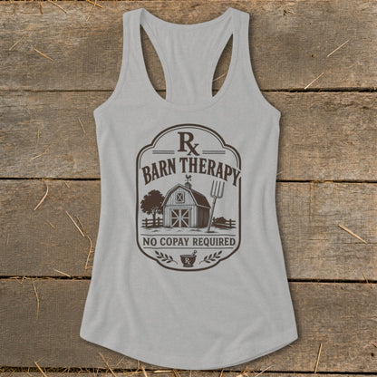 Grey tank top with "Barn Therapy No Copay Required" graphic featuring a barn.